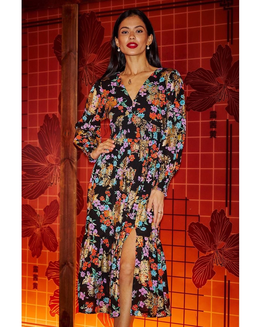 Yumi' Red Floral & Foil Ruched Midi Dress W/ Split Hemline