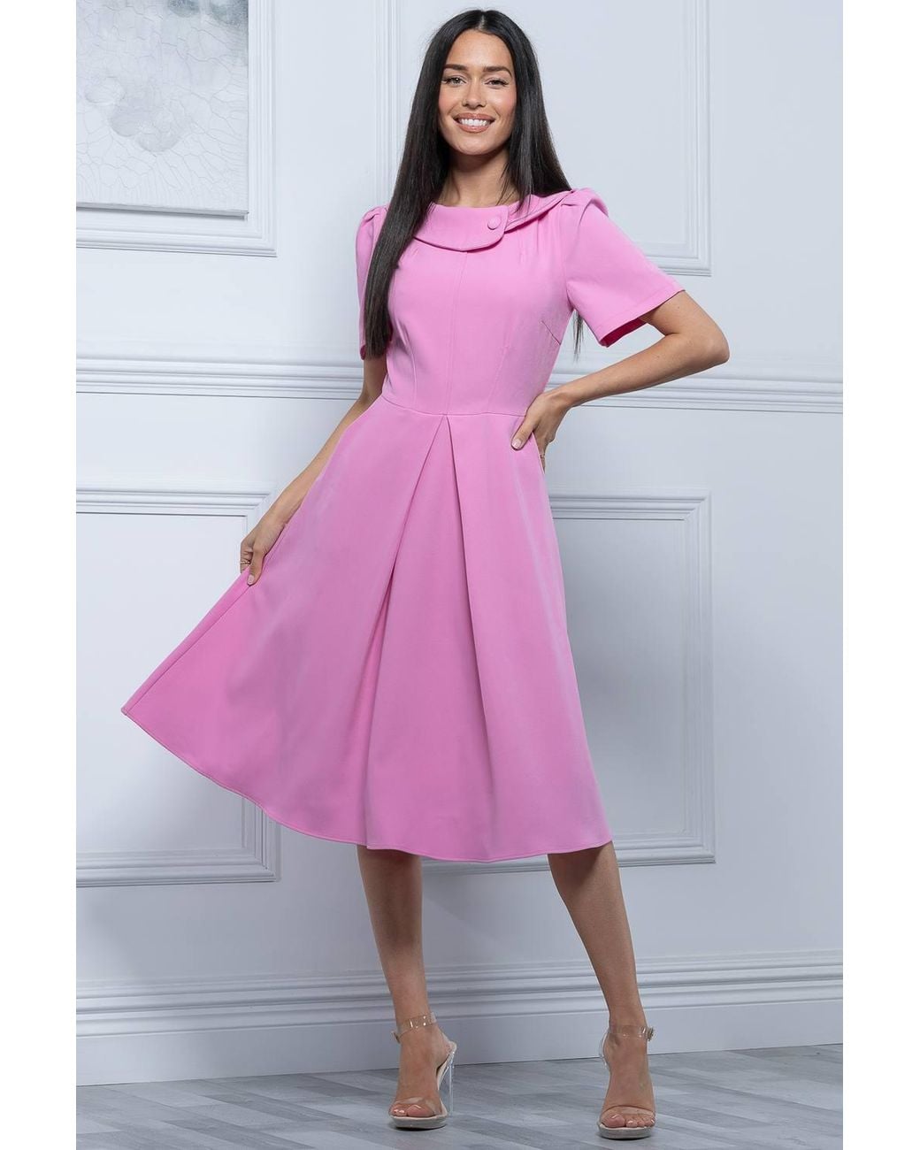 Jolie Moi Pink Debora Button Neck Dress