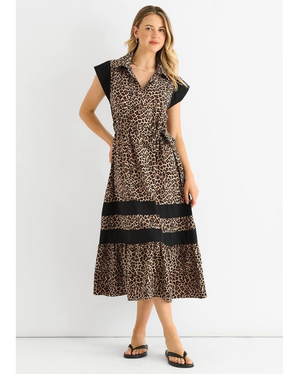 Gini London Brown Animal Contrast Panel Smock Midi Dress