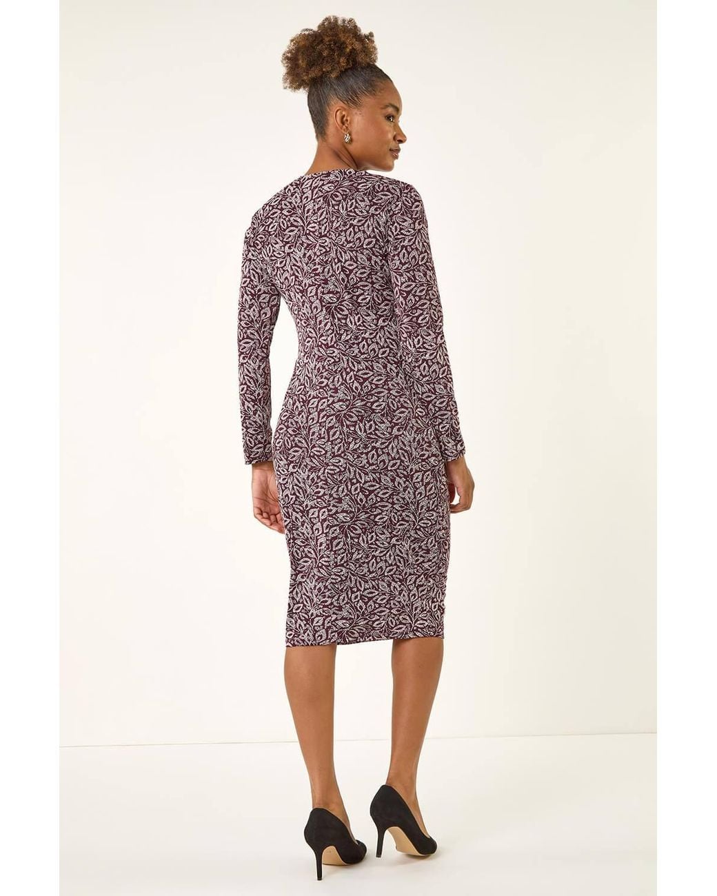 Roman Purple Leaf Print Chain Detail Midi Dress