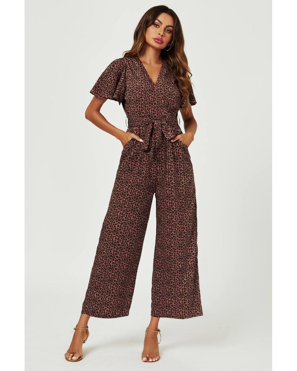 FS Collection Brown Leopard Print Wrap Top Jumpsuit