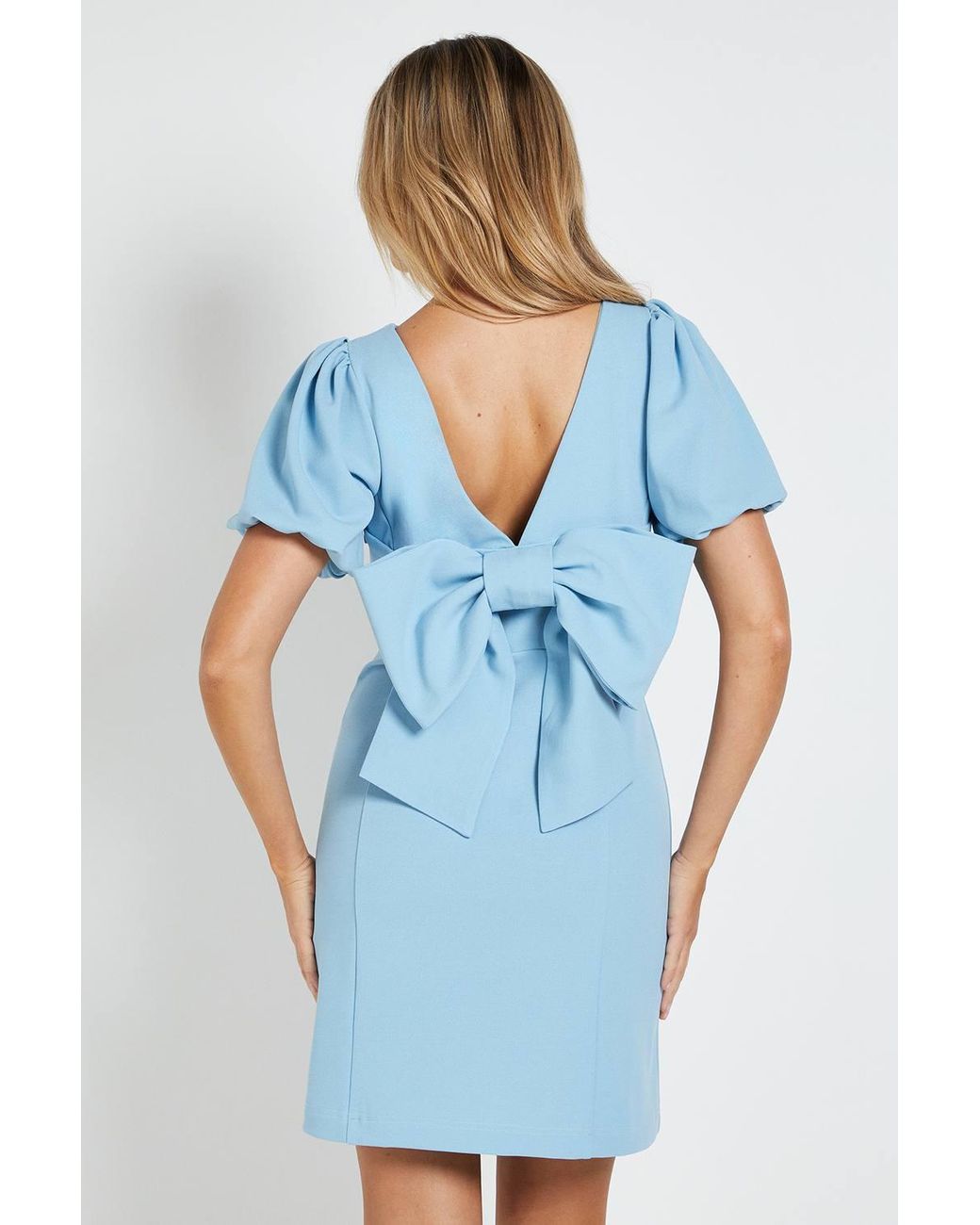 Dorothy Perkins Blue Petite Dp Luxe Puff Sleeve Bow Back Mini Dress