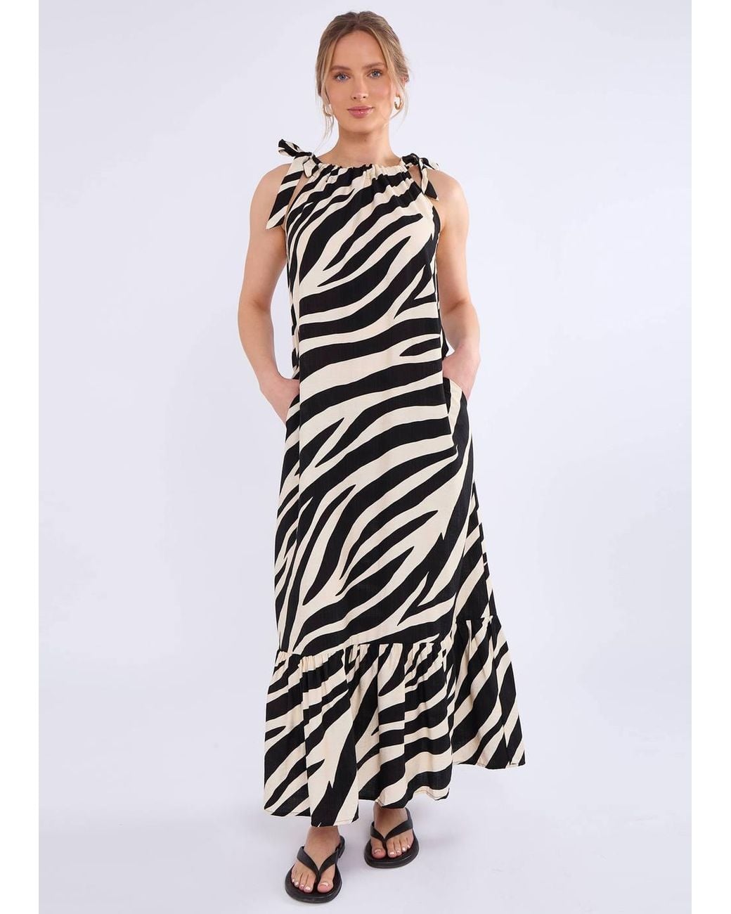 Gini London Green Mono Zebra Print Tie Shoulder Maxi Dress