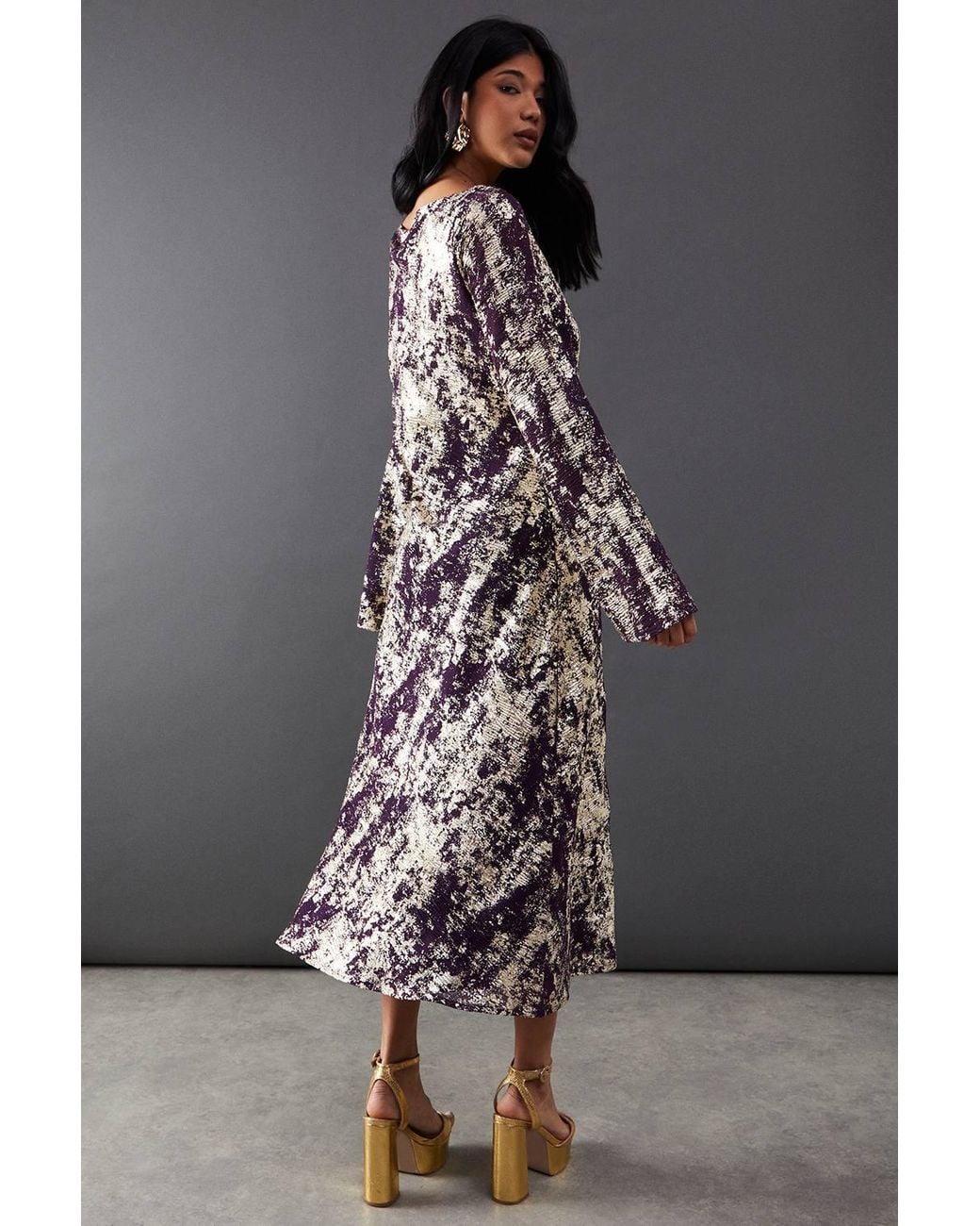 Warehouse Gray Metallic Chiffon Slash Neck Bias Midi Dress