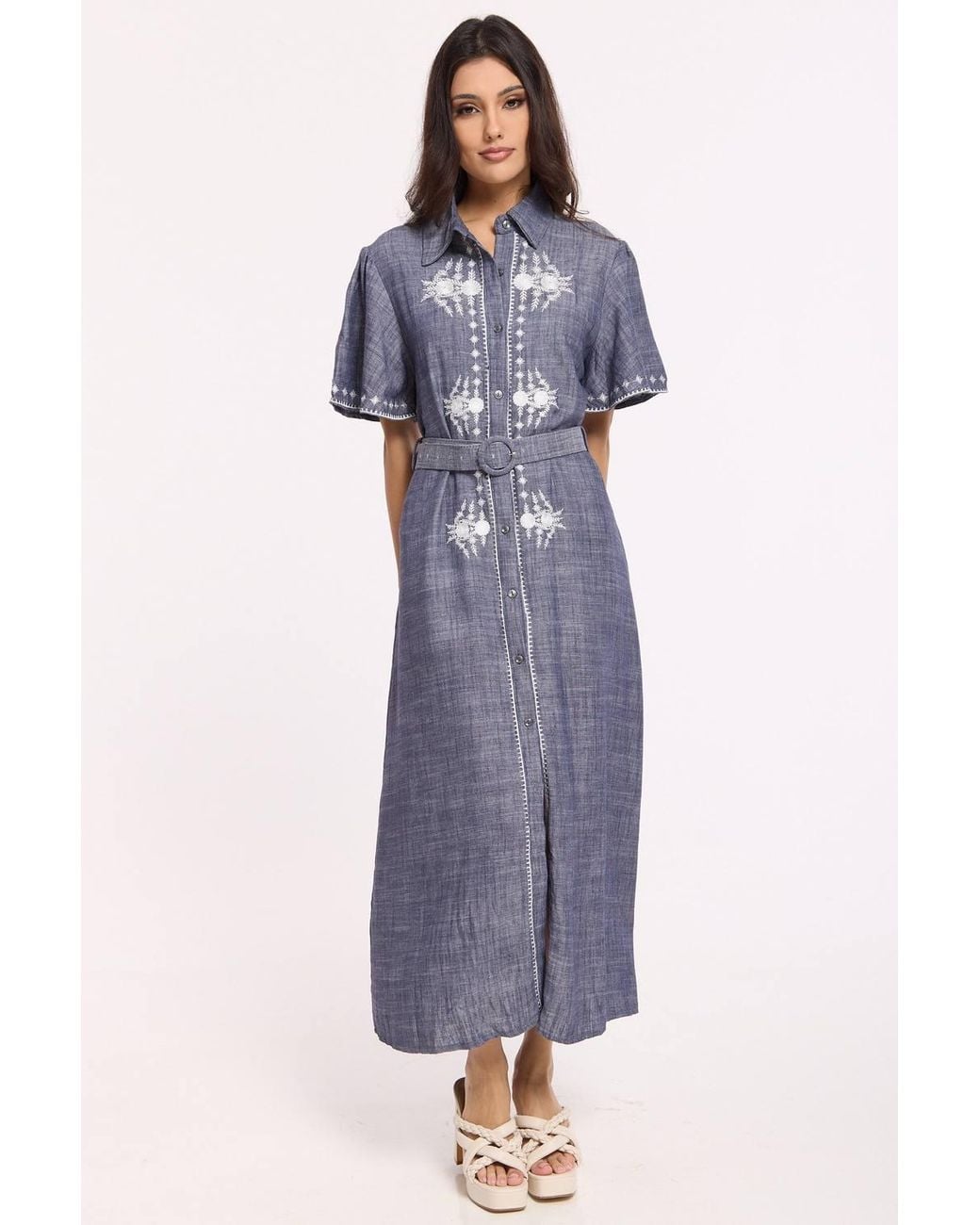 Liquorish Blue Linen Blend Embroidered Midi Dress