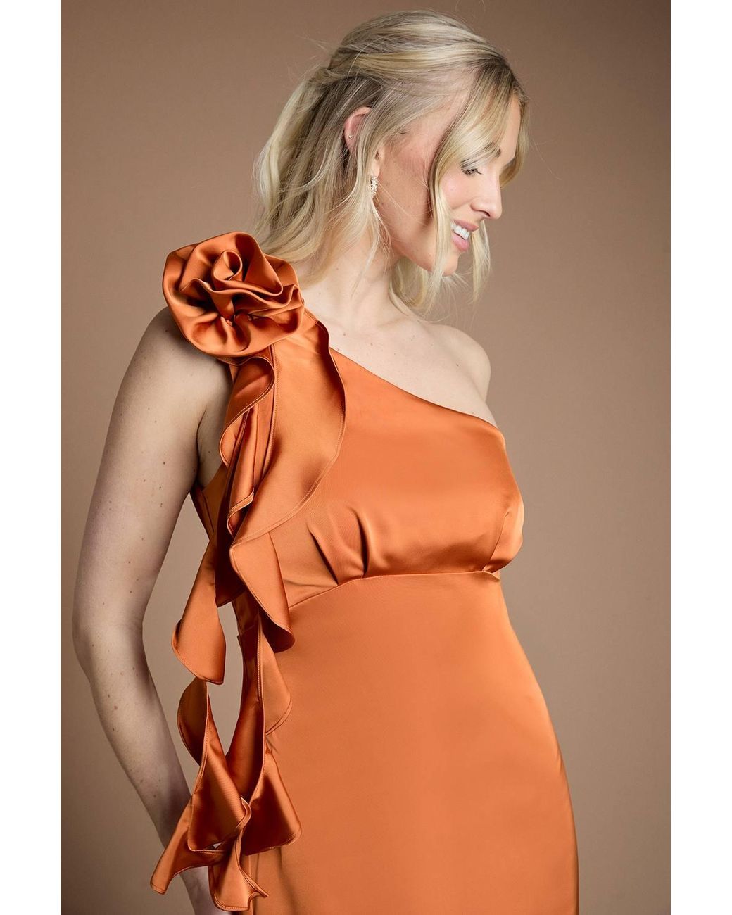 Oasis Brown Corsage One Shoulder Maxi Bridesmaid Dress
