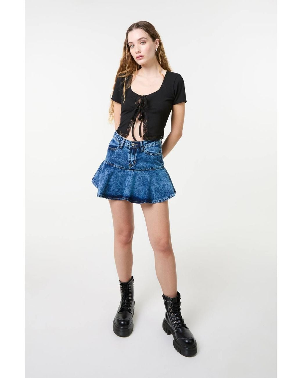 Pink Vanilla Blue Ribbed Lace Tie Front Top