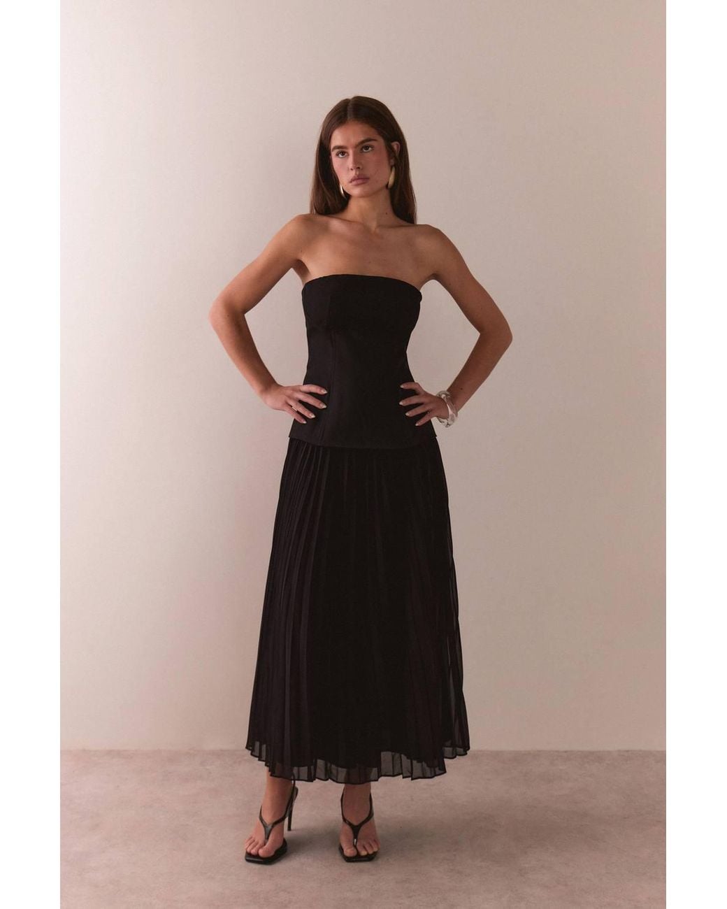 Warehouse Black Bandeau Bodice Pleated Chiffon Midi Dress