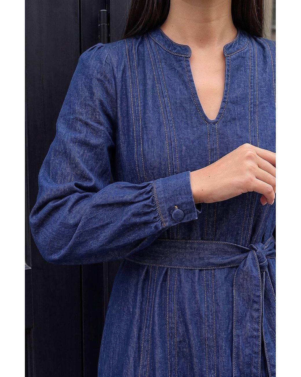 Roman Blue Panelled Tie Waist Midi Dress