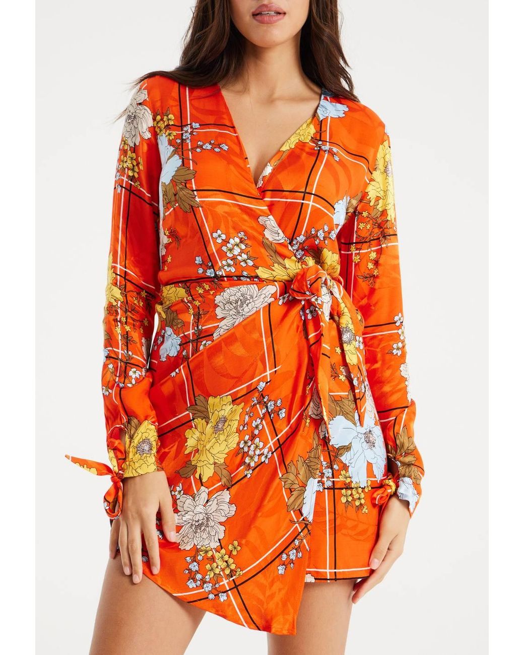 Liquorish Orange Checked Floral Print Mini Wrap Dress