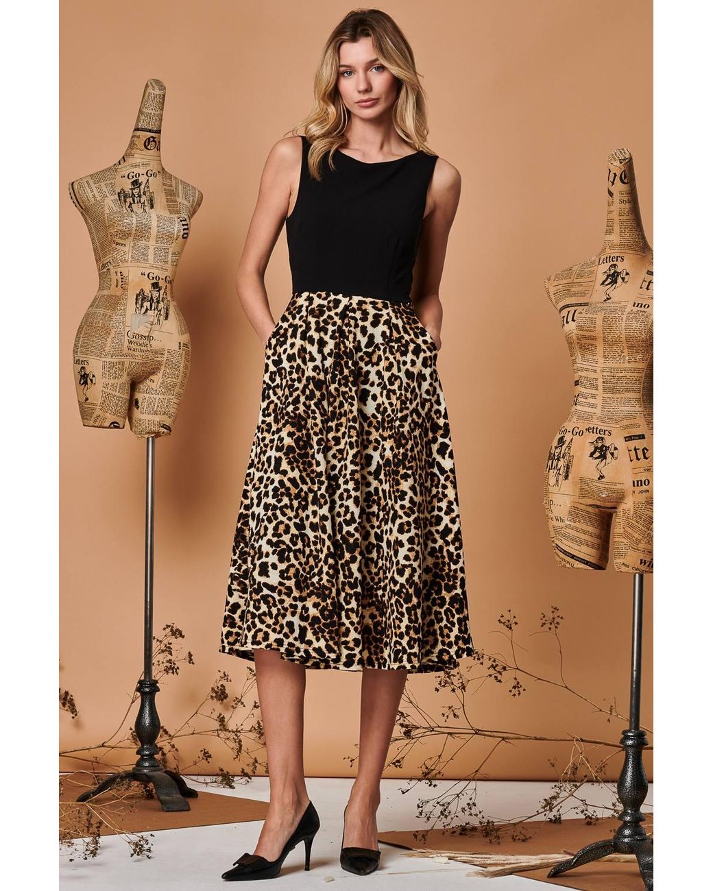 Jolie Moi Brown Two Tone Contrast Print Midi Dress