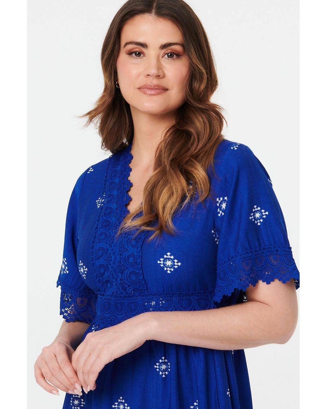 Izabel London Blue Border Print Lace 1/2 Sleeve Short Dress