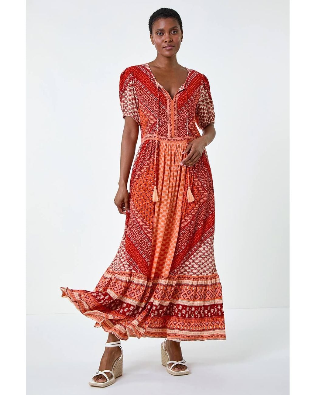 Roman Red Stripe Border Print Crinkle Maxi Dress