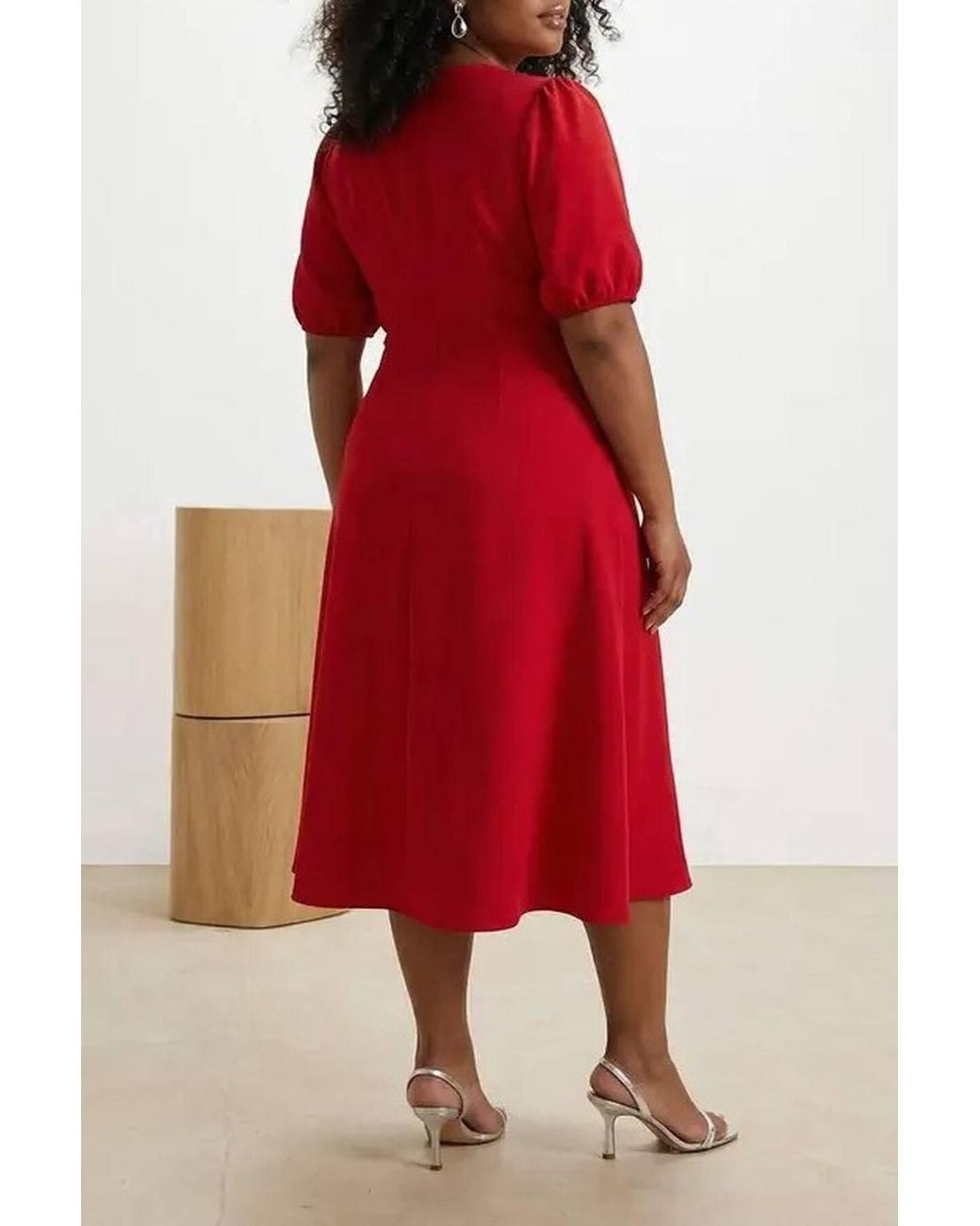 WOVCOR Red Crew Neck Bow Detail Puff Sleeve Midi Dress