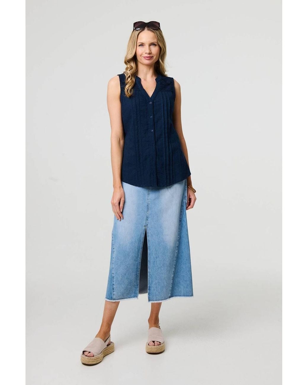 Izabel London Blue Lace Trim Sleeveless V-Neck Blouse