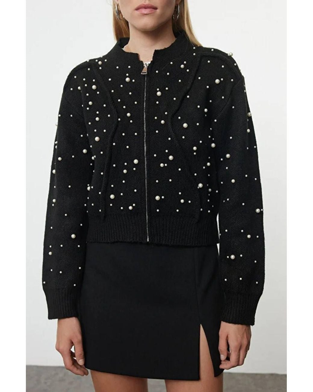 WOVCOR Black Textured Knit Zipper Cardigan W/ Stone Embellishment