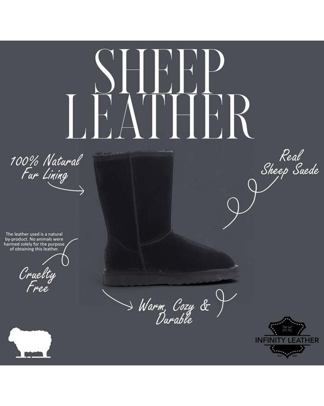 Infinity Leather Black Genuine Sheepskin Suede Slip-On Ankle Winter Boots