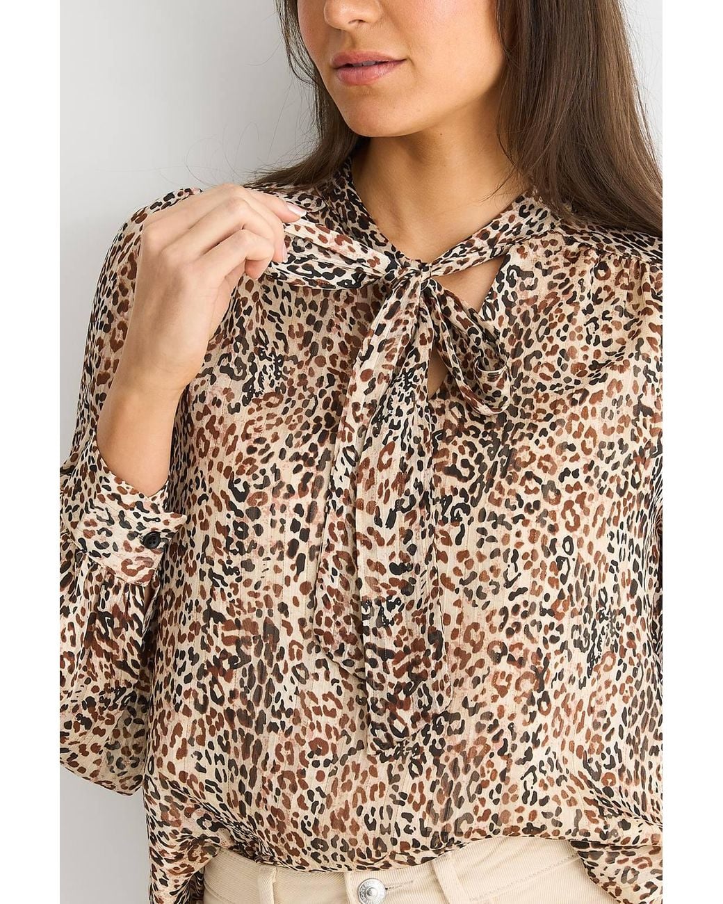 Gini London Natural Animal Print Long Sleeves Tie Neck Blouse