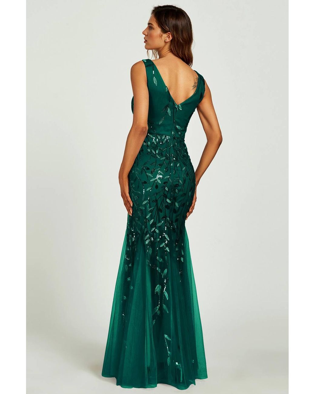 FS Collection Green Sequin Leaf Detailed V Neck Bridesmaid Maxi Dress