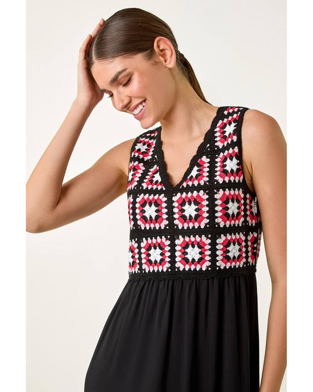 Roman Multicolor Sleeveless Crochet Fit & Flare Midi Dress