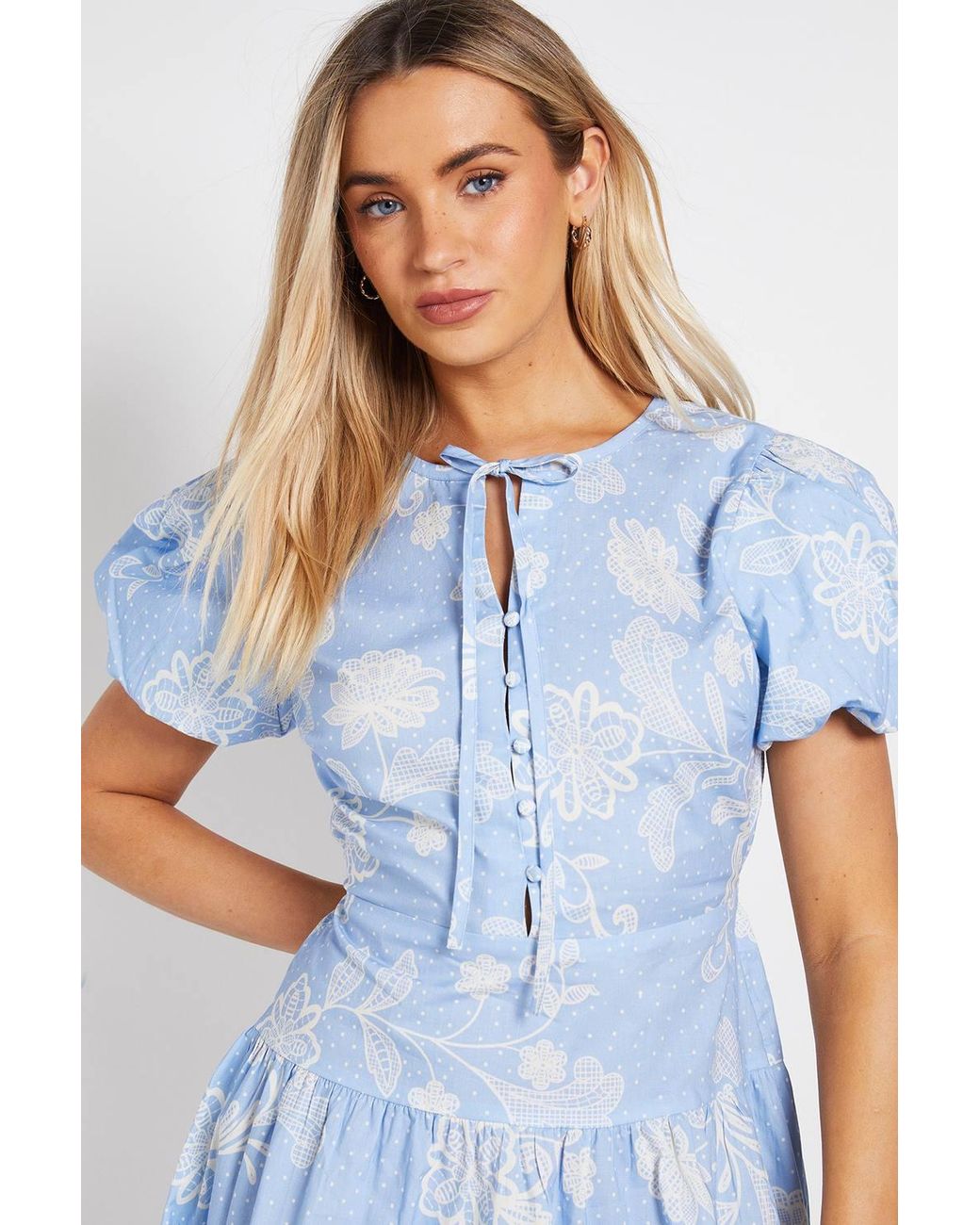 Dorothy Perkins Blue Tie Front Button Detail Puff Sleeve Mini Dress
