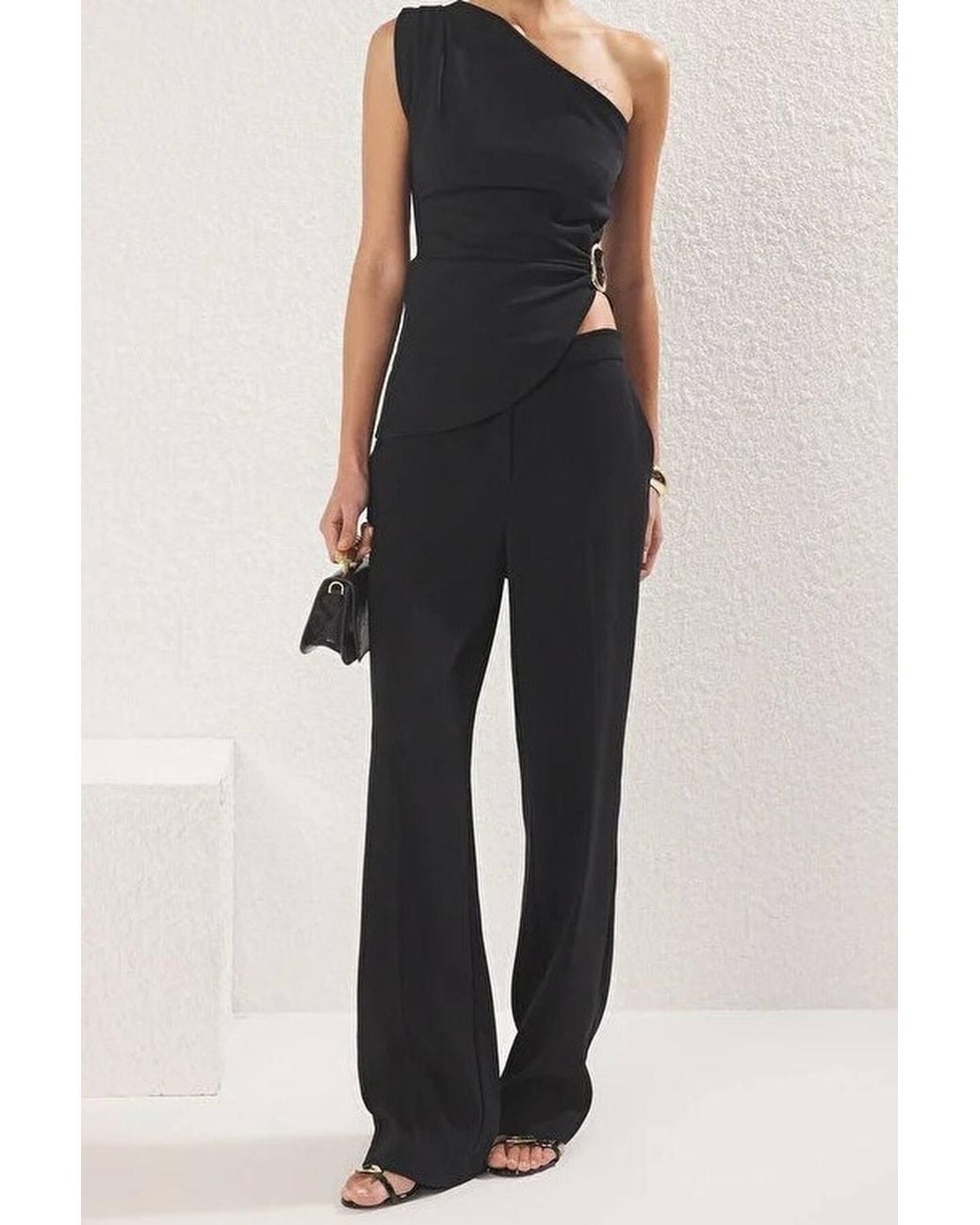 WOVCOR Black One Shoulder Buckle Detail Asymmetric Fitted Top