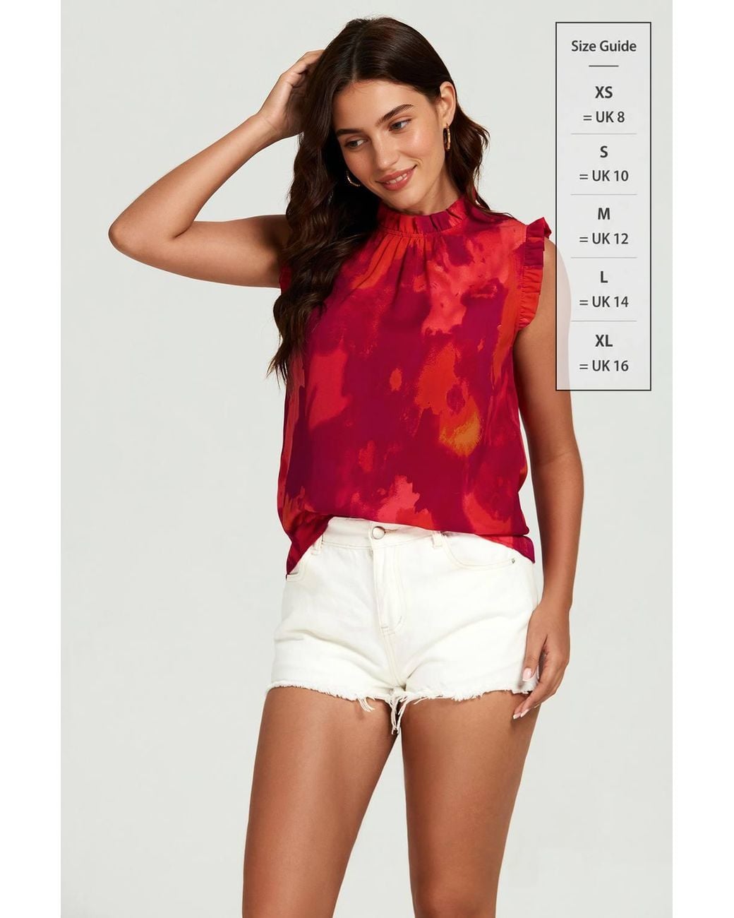 FS Collection Red Abstract Print Frill Trim Sleeve Frill Neck Blouse Top