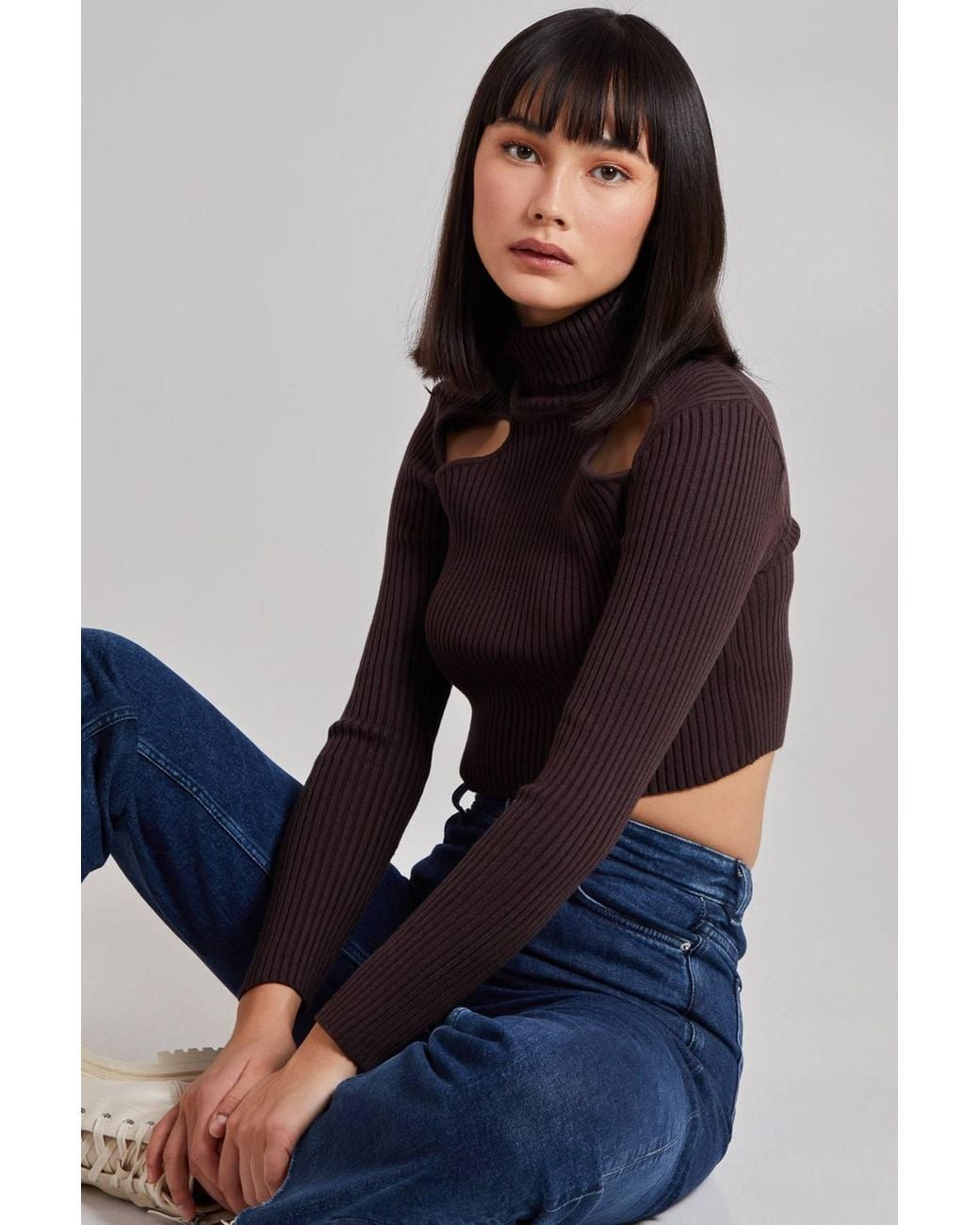 Pink Vanilla Blue Ribbed Roll Neck Jumper With Cut Out Detail