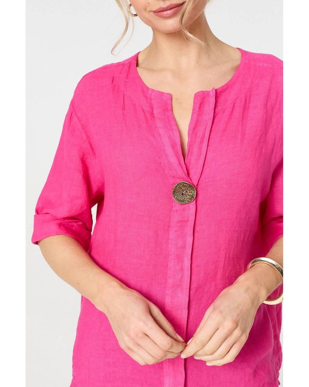 Izabel London Pink Button Detail 1/2 Sleeve V-Neck Blouse