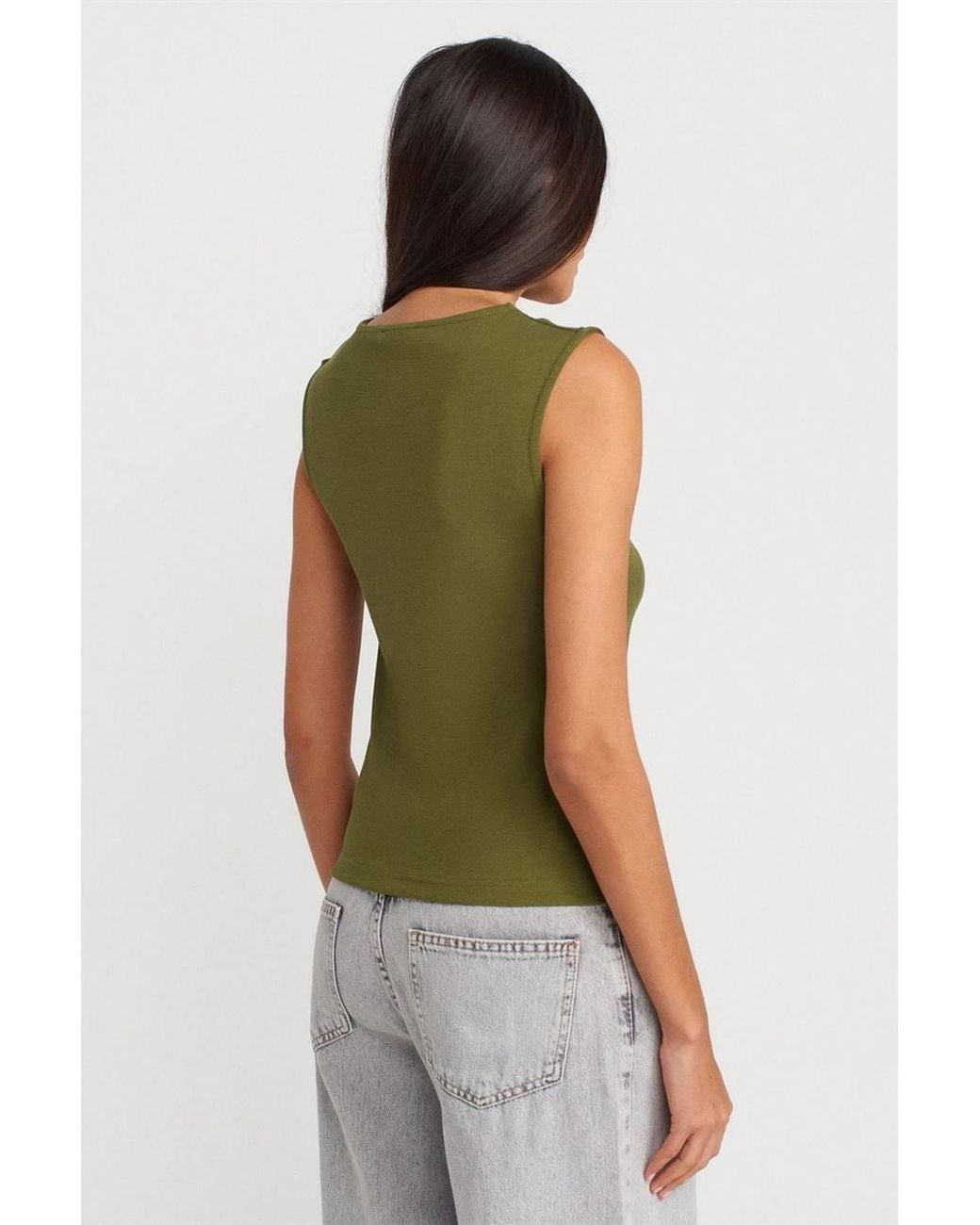 Dilvin Green Ribbed Sleeveless Button-Front Blouse