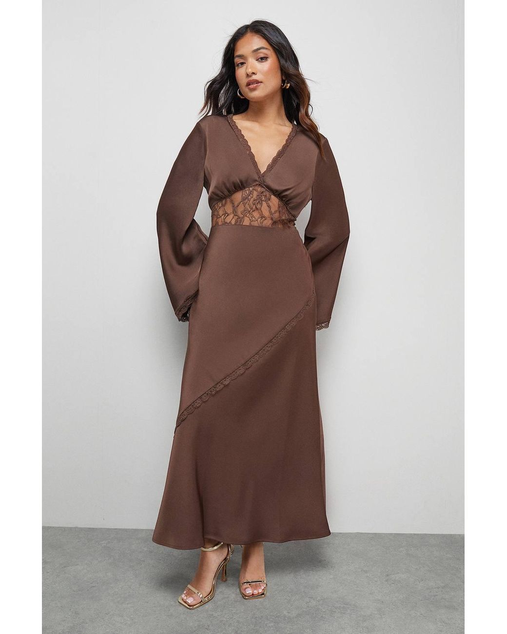 Warehouse Brown Petite Satin Lace Insert Flute Sleeve Midi Dress