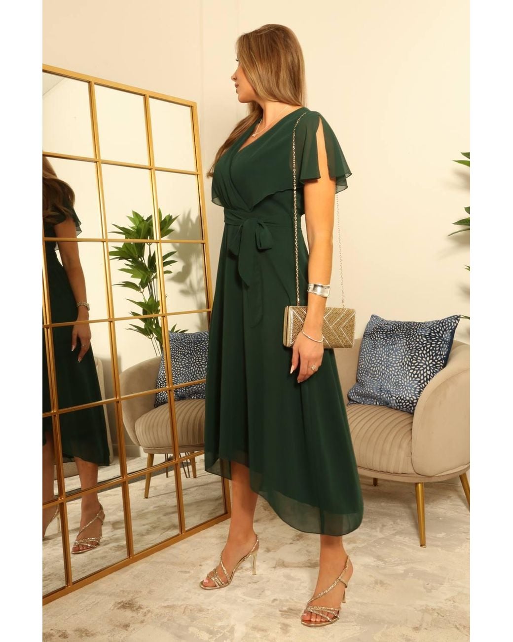 Double Second Black Chiffon Wrap Dress W/ Cape Sleeves