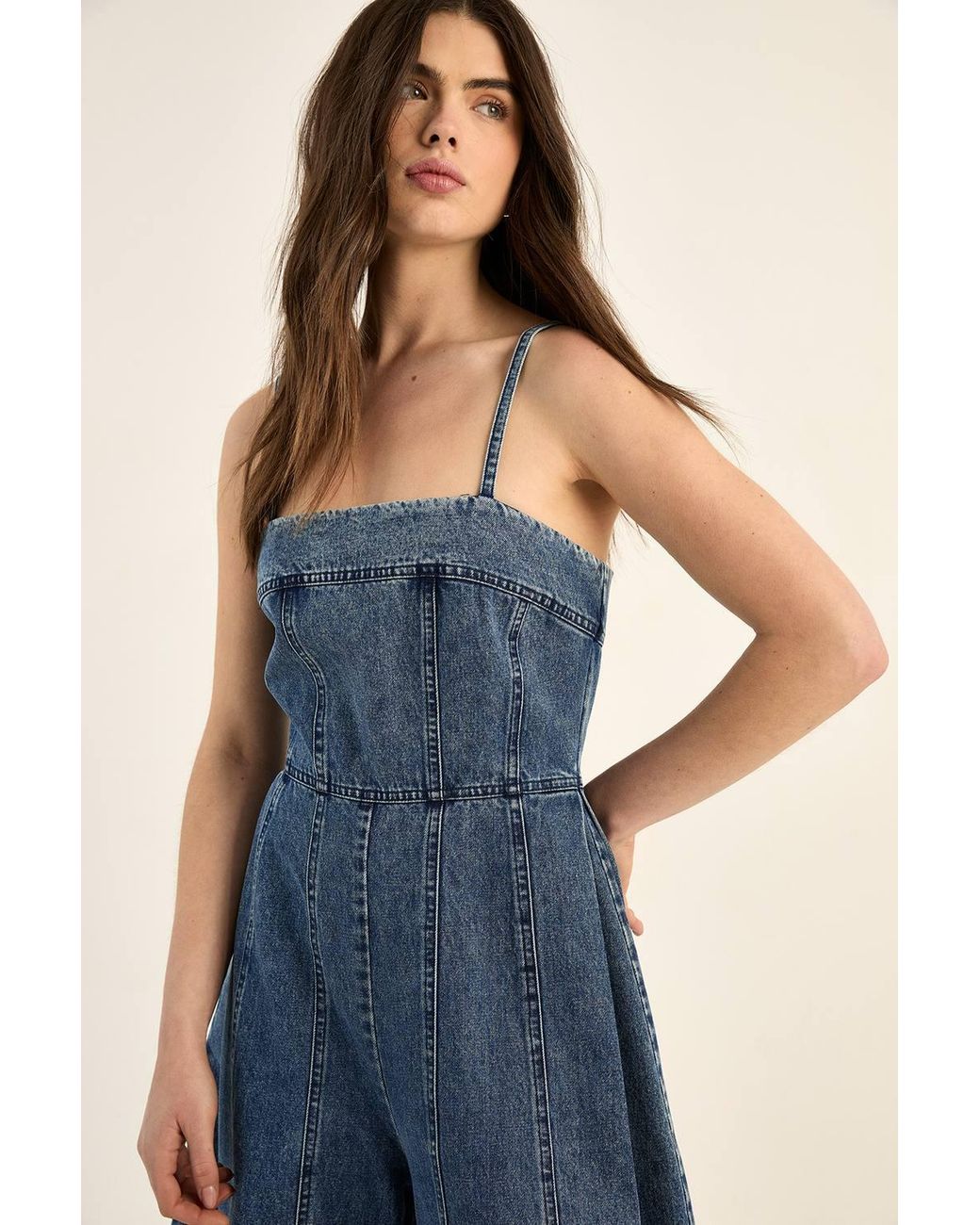 Nasty Gal Blue Strappy Seam Detail Wide Leg Denim Jumpsuit