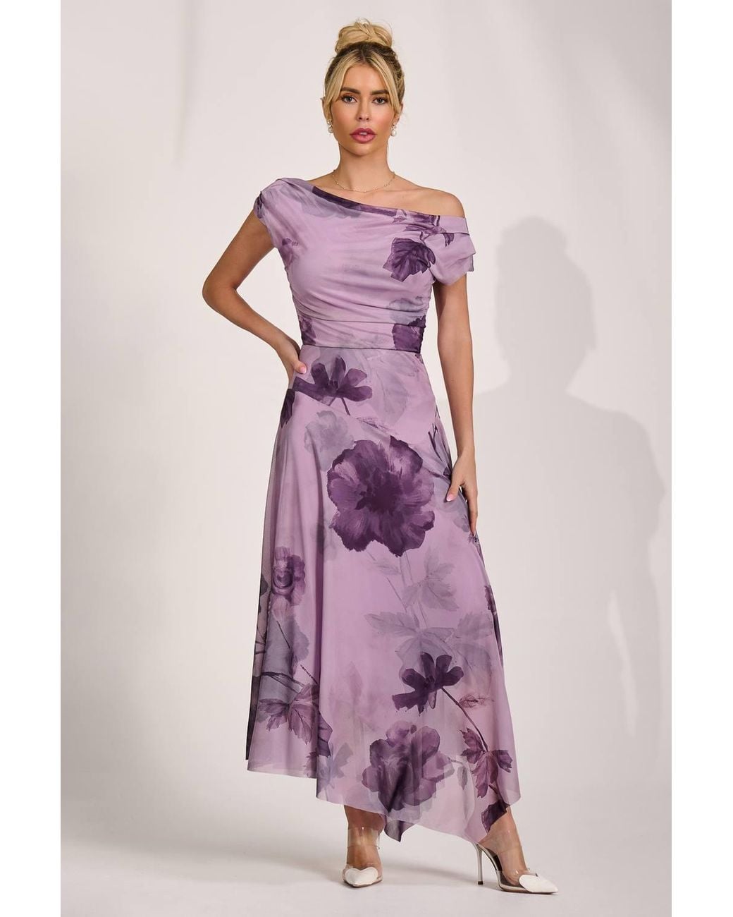 Jolie Moi Pink Asymmetrical Draped Mesh Maxi Dress