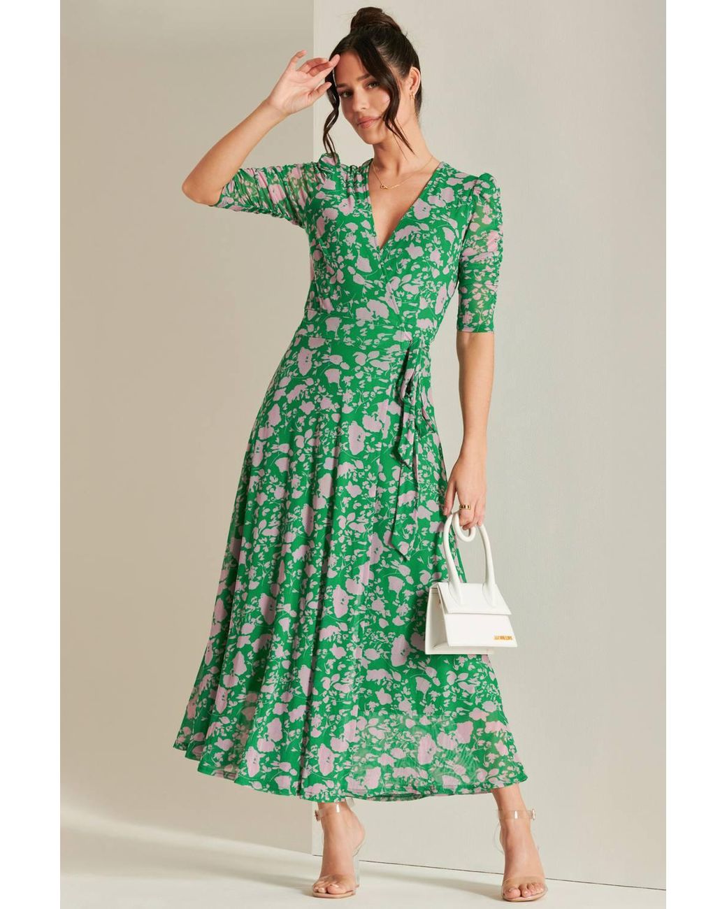 Jolie Moi Green Daliyah Wrap Front Mesh Maxi Dress