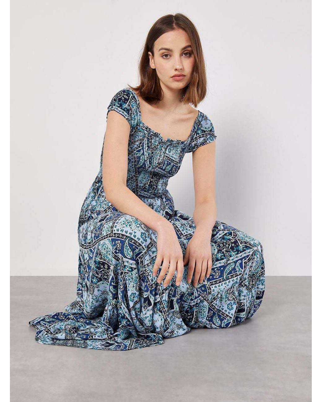 Apricot Blue Scarf Print Milkmaid Maxi Dress