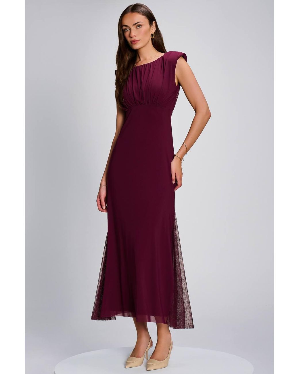 Jolie Moi Red Lace Insert Mesh Maxi Dress