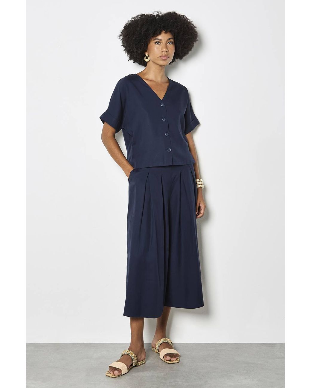 Apricot Blue Pleated Wide-Leg Culotte Trousers