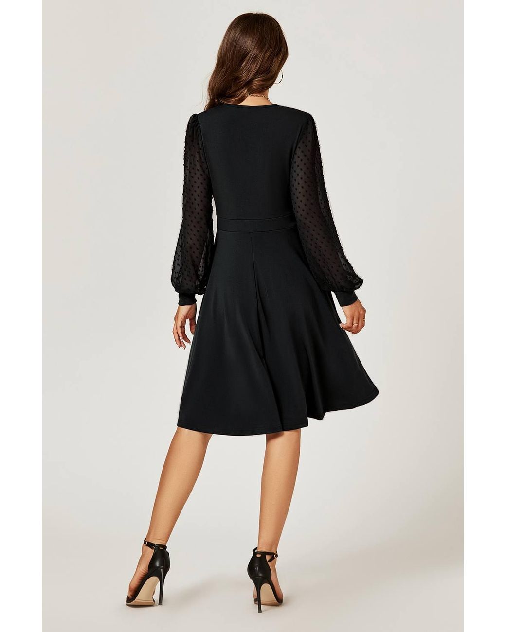 FS Collection Black V Neck Midi Dress W/ Sheer Long Sleeve