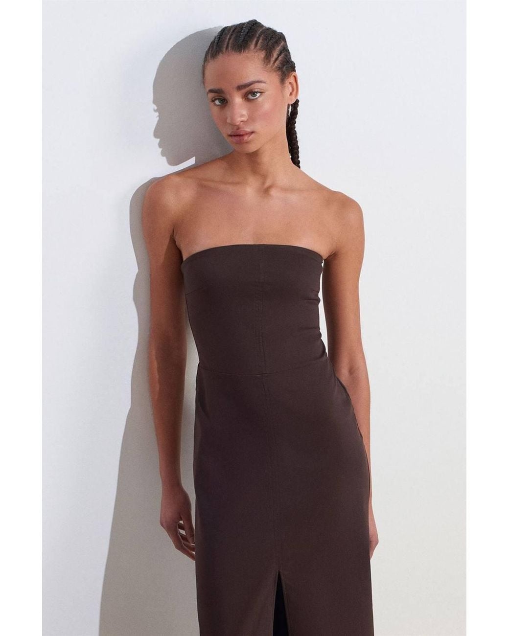 Dilvin Brown Strapless Fitted Midi Dress W/ Slit