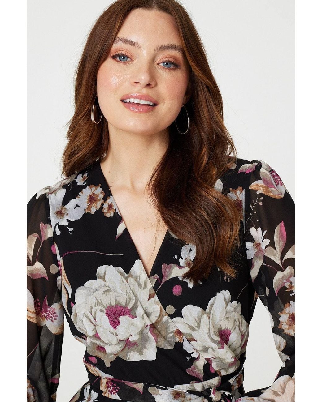 Izabel London White Floral Long Sleeve Tie Waist Wrap Midi Dress