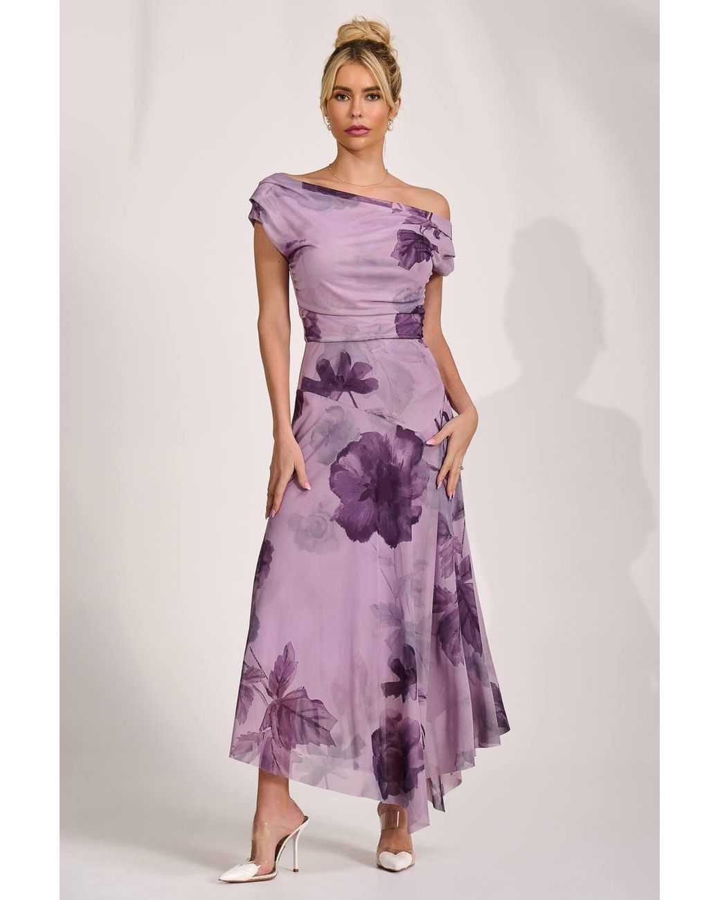 Jolie Moi Pink Asymmetrical Draped Mesh Maxi Dress