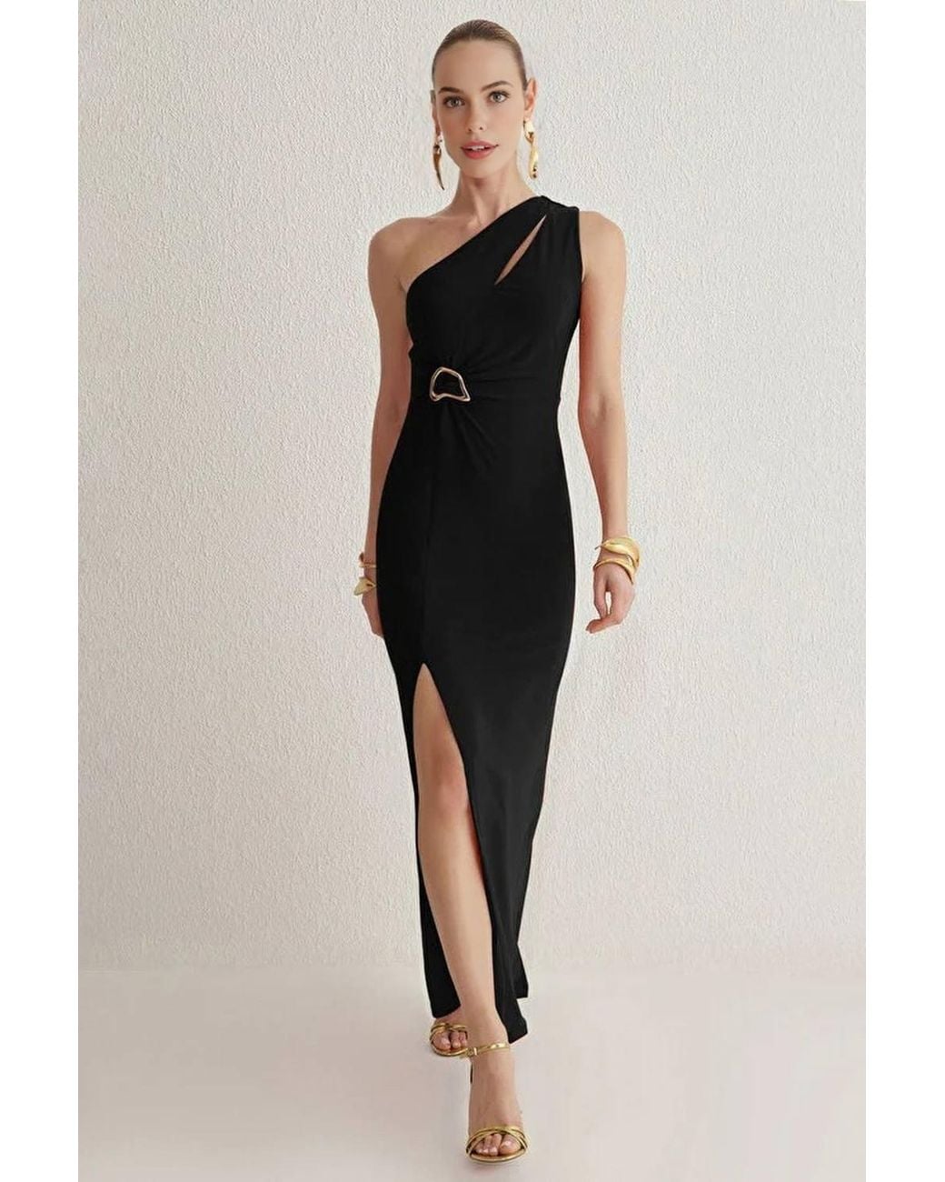 WOVCOR Black One Shoulder Cut-Out Split Maxi Dress