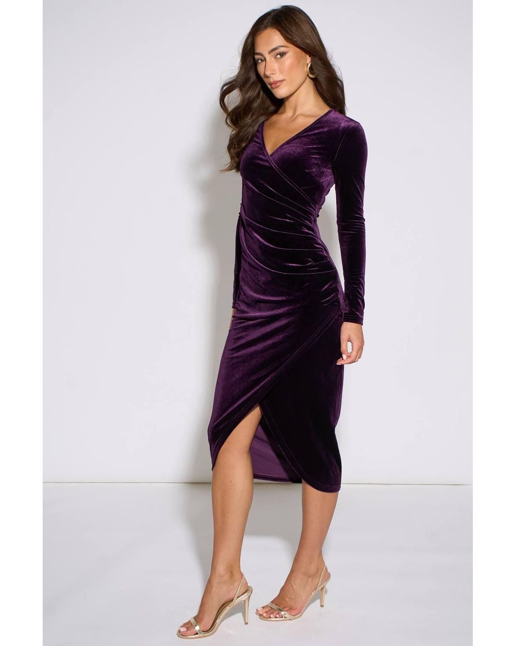 Gini London Blue Wrap Front Velour Bodycon Midi Dress