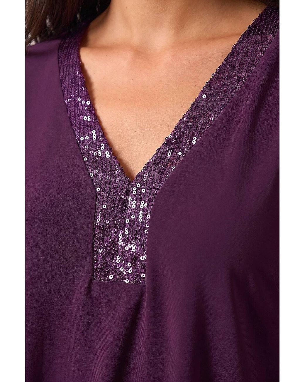 Roman Purple Petite Sequin Trim Blouson Top