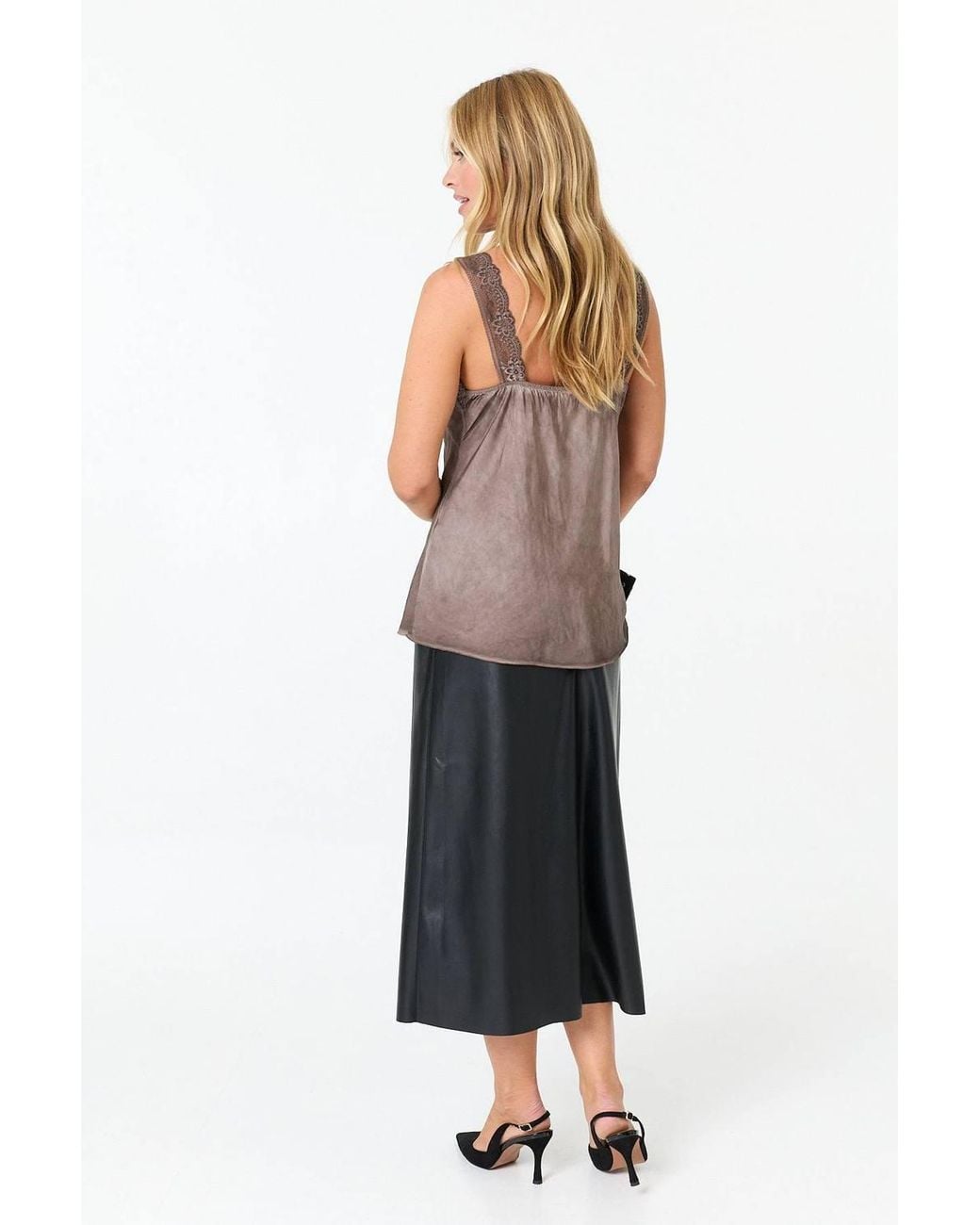 Izabel London Brown Lace Trim Satin Texture Vest Top