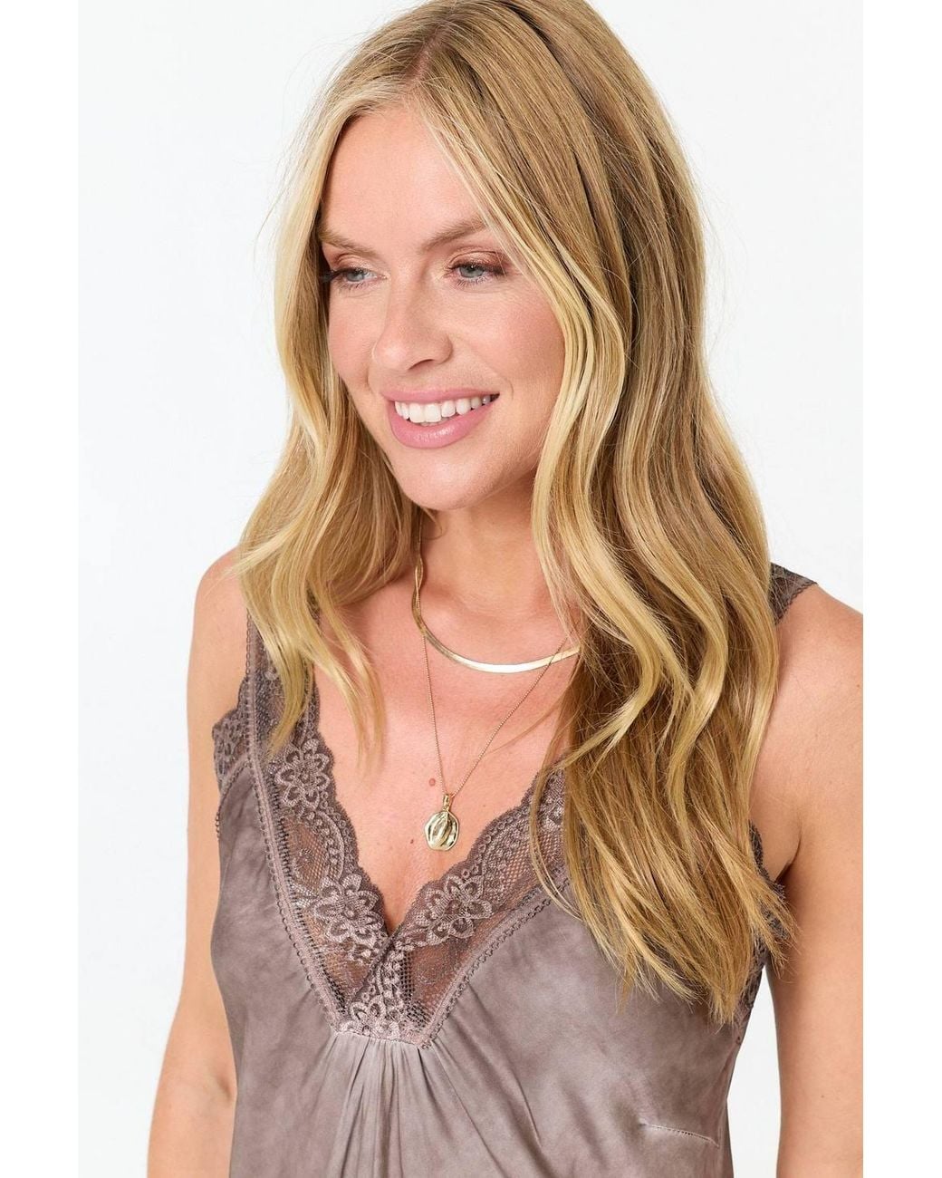 Izabel London Brown Lace Trim Satin Texture Vest Top
