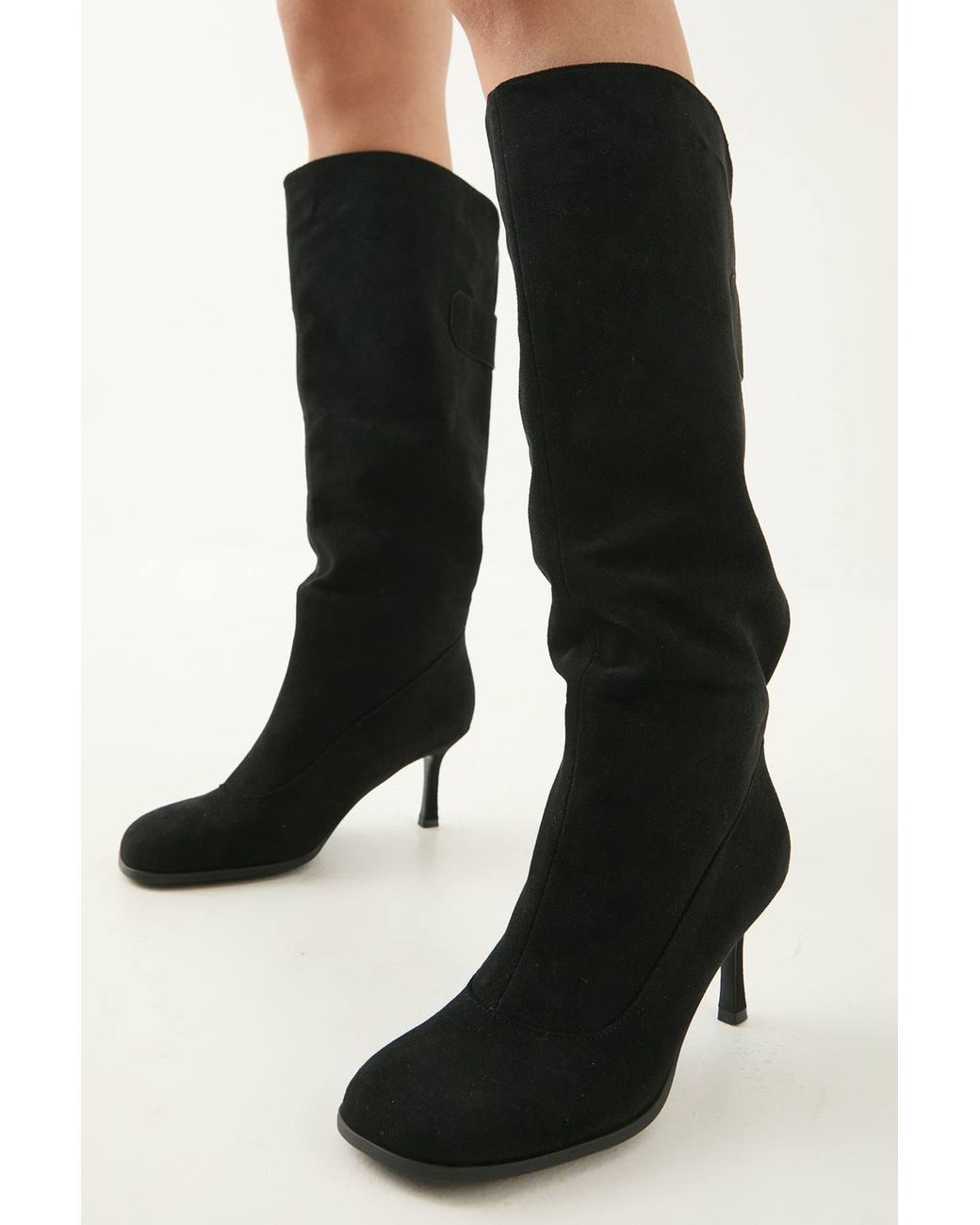 MissPap Black Faux Suede Square Toe Stiletto Heel Knee Boots