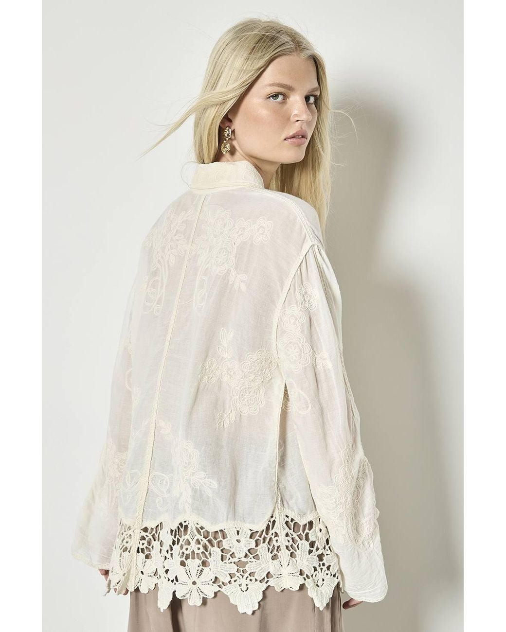 Apricot Natural Embroidered Cotton Mesh Lace Oversized Shirt