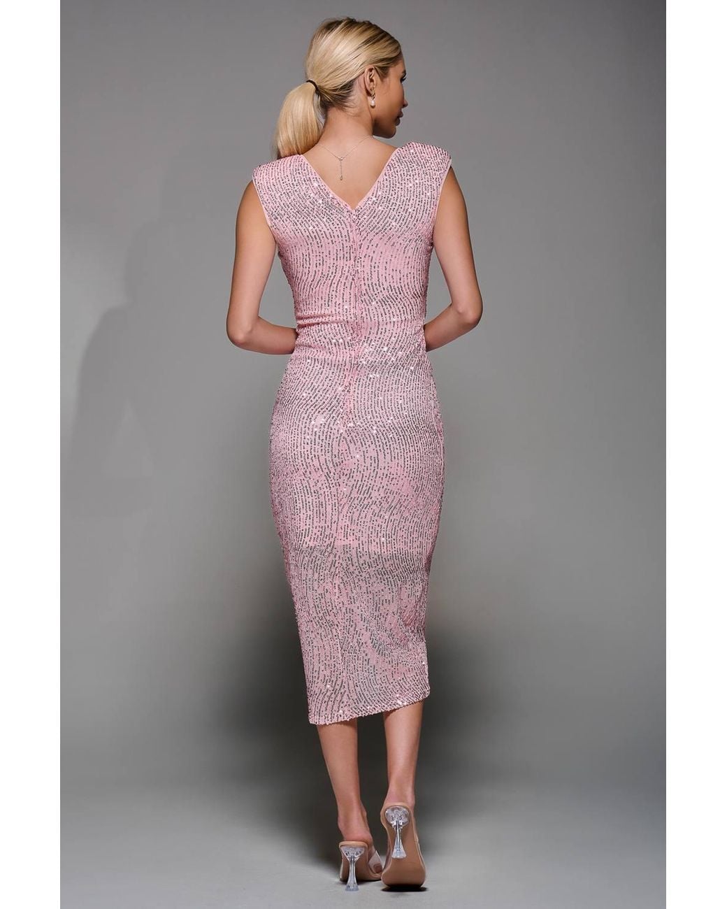 Jolie Moi Gray Sequin V Neck Ruched Wrap Bodycon Dress